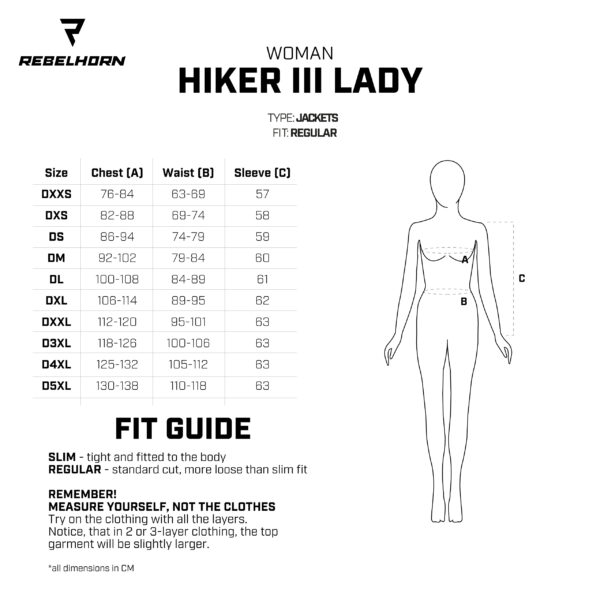 HIKER III LADY jacket size chart
