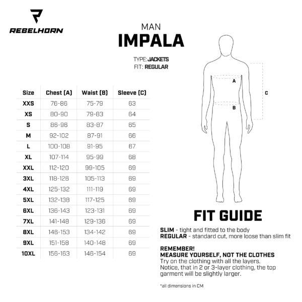 IMPALA jacket size chart