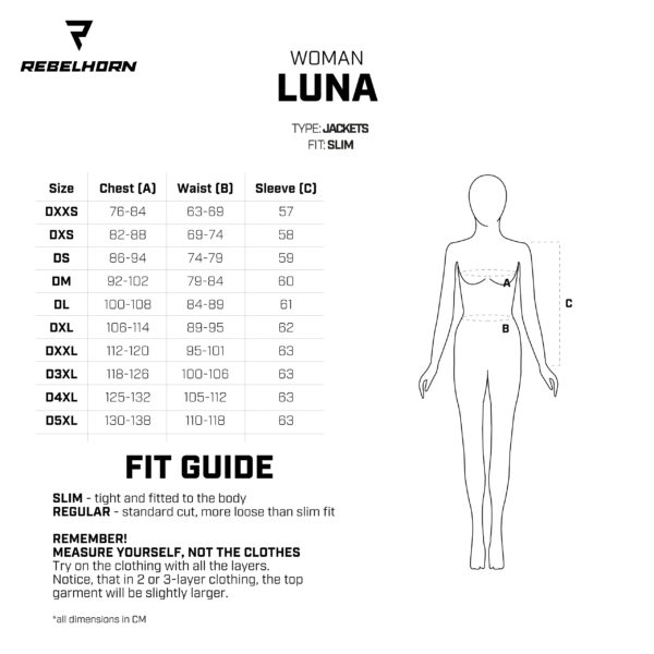 LUNA jacket size chart 1