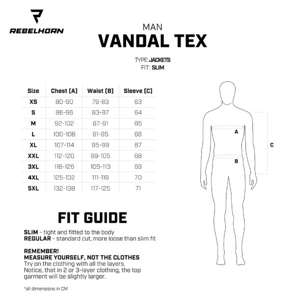 VANDAL TEX jacket size chart